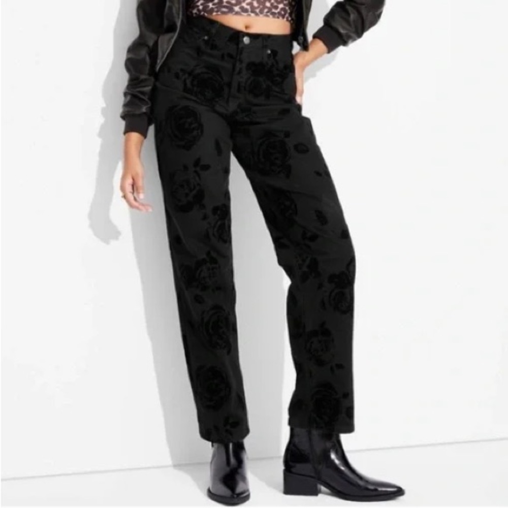 wild fable Black Floral Burnout Straight-Leg Jeans